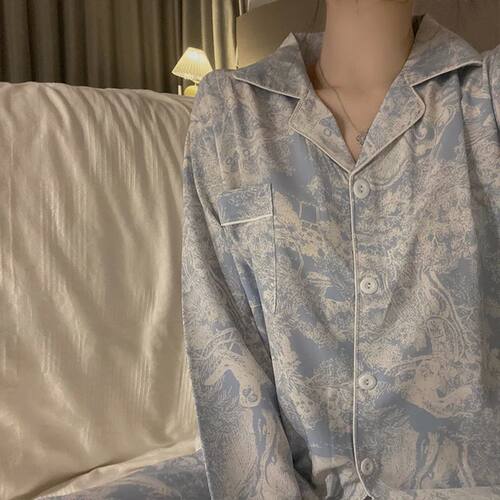 Autumn Spring Ice Silk Pajamas Women Sleepwear Long Sleeve C