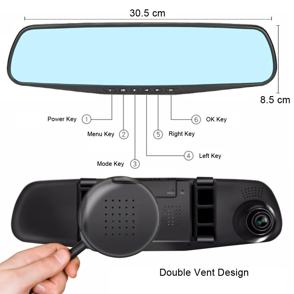 4.3in 24H Driving Recorder HD 1080P Mirror Car Dash Cam Dual