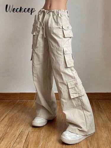 Weekeep Pocket Patchwork Straight Pants Light Khaki Low Rise
