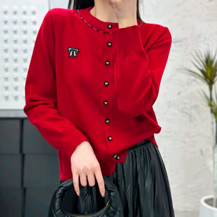 红色圆领蝴蝶结纽扣针织开衫女长袖百搭时尚毛衣上衣
