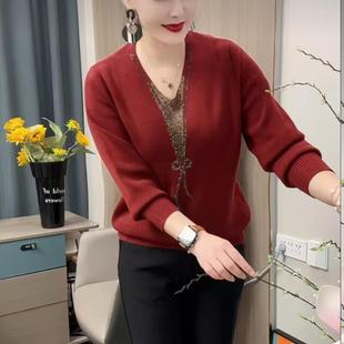 秋冬季针织衫套头烫钻时尚百搭气质短款上衣女士春秋红色打底毛衣