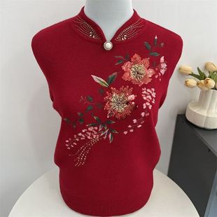 中国风刺绣花朵针织衫中老年女洋气立领保暖打底毛衣红色上衣