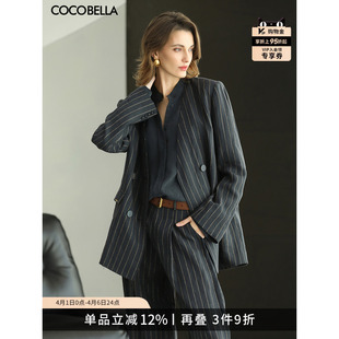 女26春气质无领通勤外套SI3227 COCOBELLA高智感亚麻条纹西装
