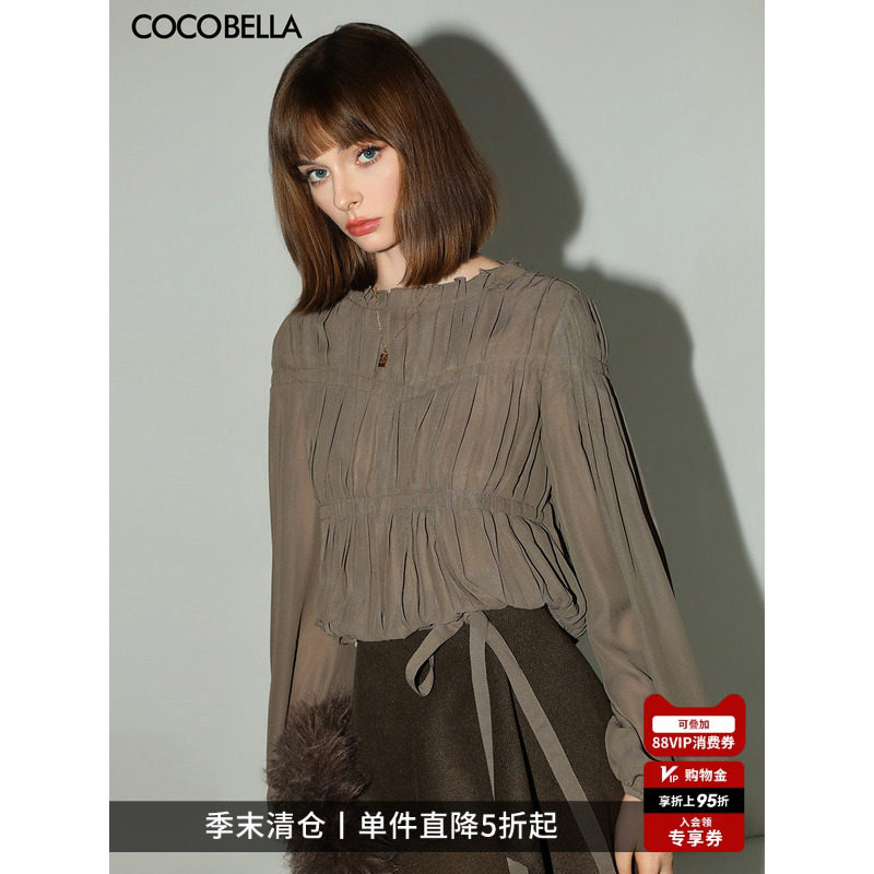 COCOBELLA名媛风手工压褶木耳边雪纺衬衫气质通勤飘带衬衣SR7062