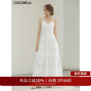 COCOBELLA棉花糖风植绣花朵镂空蕾丝拼接白色连衣裙吊带裙FR3228