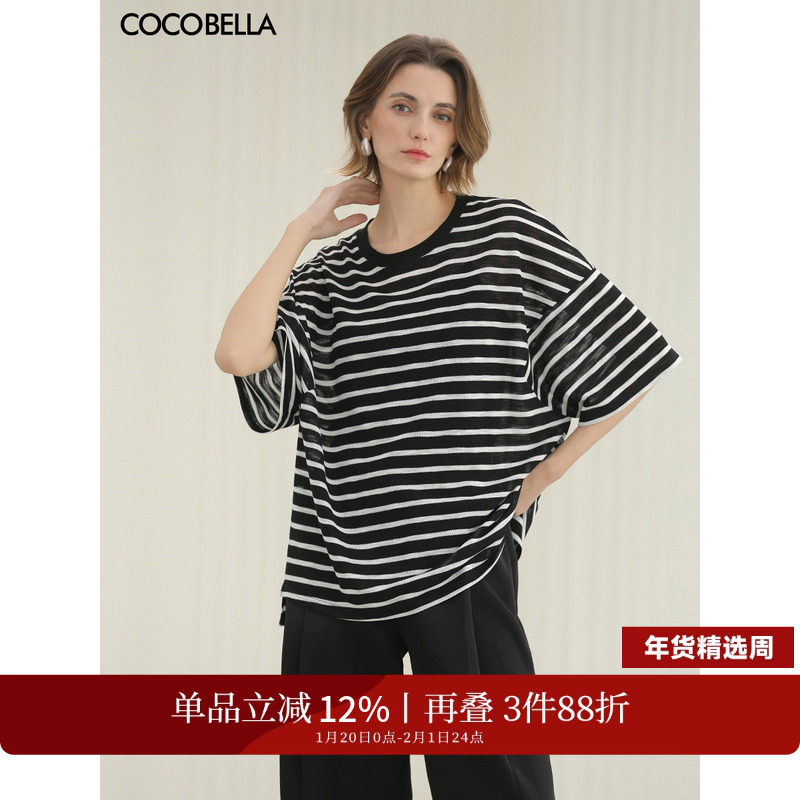 COCOBELLA慵懒风仿棉麻条纹针织衫女休闲微透短袖T恤TS3039-2,女装/女士精品,T恤,淘宝优惠券,粉丝福利购,淘宝优惠卷