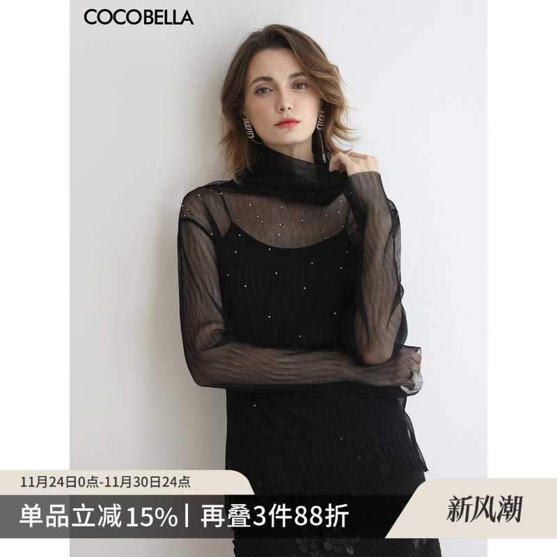 钻石网纱拼接微透上衣