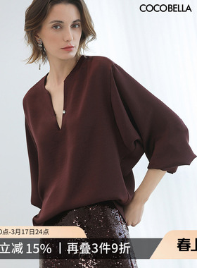 COCOBELLA法式优雅缎面长袖衬衫极简酒红通勤上衣衬衣女SR7066-4