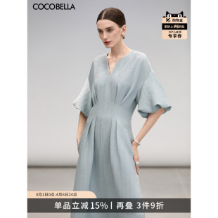 COCOBELLA赫本风薄荷绿捏褶泡泡袖 茶歇裙FR3033B 连衣裙女优雅法式