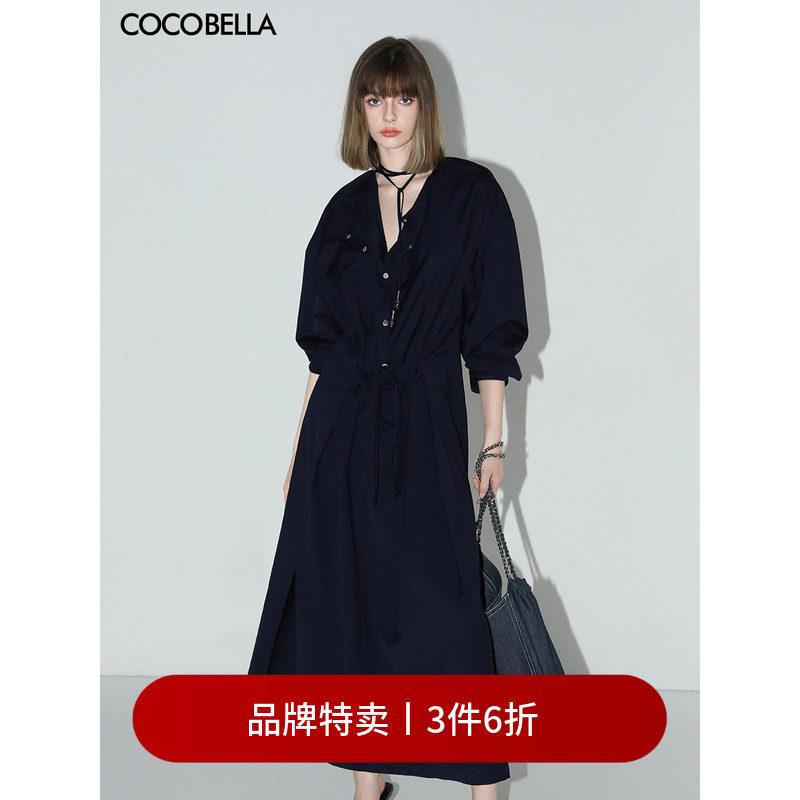 【3件6折】COCOBELLA重工绗线开叉连衣裙女飘带黑色衬衫裙FR3039