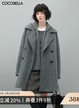 COCOBELLA格雷灰色大翻领毛呢大衣女新款长毛绒呢子外套WL910A-2