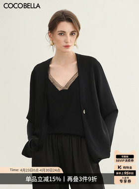 预售COCOBELLA仿醋酸缎面黑色外套女松弛感简约休闲西装SC3016-2