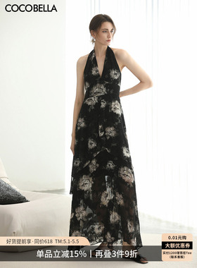COCOBELLA优雅气质提花金葱背心裙女度假风挂脖大摆连衣裙FR3227