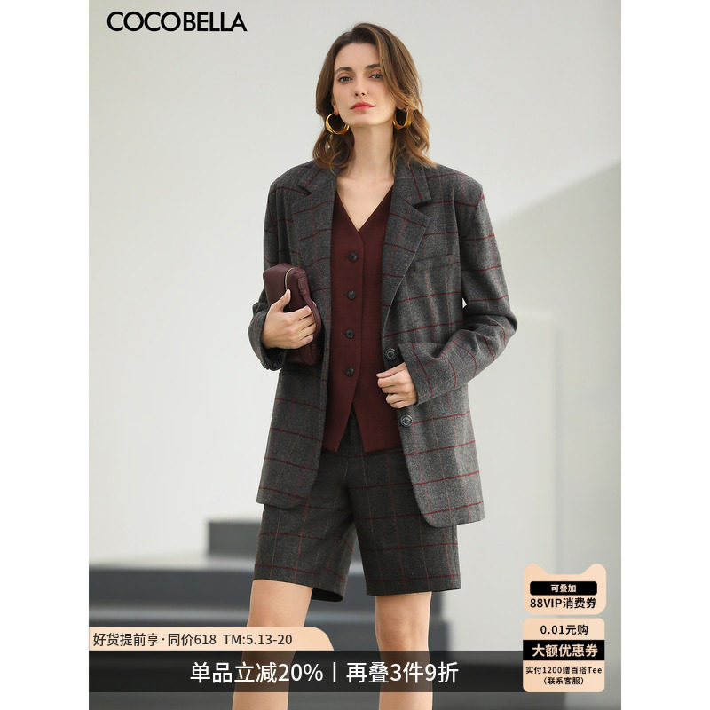 COCOBELLA时尚格纹通勤休闲套女OL西装高腰短裤两件套FT507
