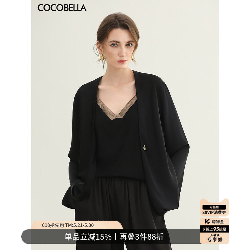COCOBELLA仿醋酸缎面黑色外套女松弛感简约休闲西装SC3016-2