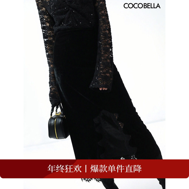 COCOBELLA蕾丝拼接丝绒半身裙