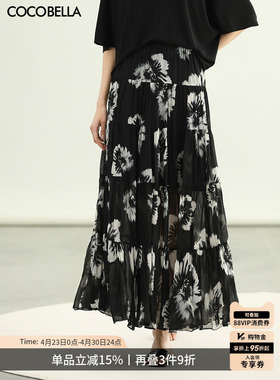 COCOBELLA国风水墨手绘印花超大摆半身裙女夏手工捏褶长裙HS3108