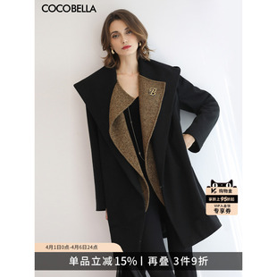 黑色大衣WL0002 COCOBELLA设计感假两件大翻领毛呢外套女秋冬新款