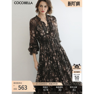 预售COCOBELLA金丝压褶花卉印花长袖 连衣裙度假风雪纺长裙FR3075