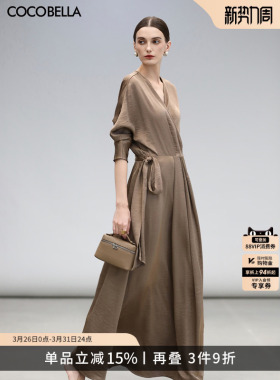 COCOBELLA围裹式丝光缎面长袖连衣裙女春轻奢风法式茶歇裙FR3010