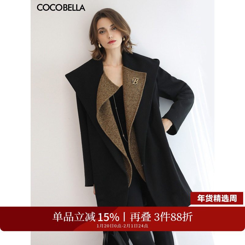 COCOBELLA设计感假两件大翻领毛呢外套女新款黑色大衣WL0002,女装/女士精品,毛呢外套,淘宝优惠券,粉丝福利购,淘宝优惠卷