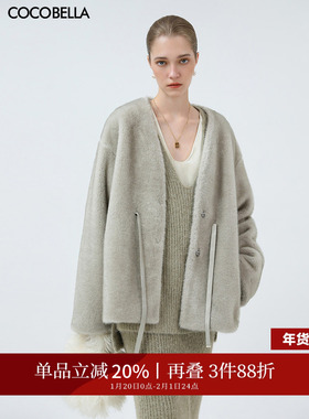 COCOBELLA原色仿貂绒环保皮草外套女PU腰带短款毛绒大衣FU3003-4