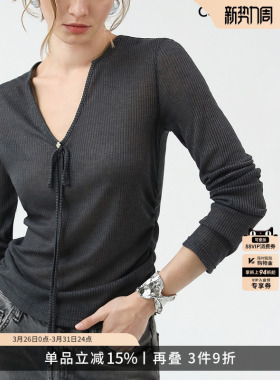 COCOBELLA亲肤微透视抽褶针织衫女V领内搭打底衫长袖T恤MZ3191-2