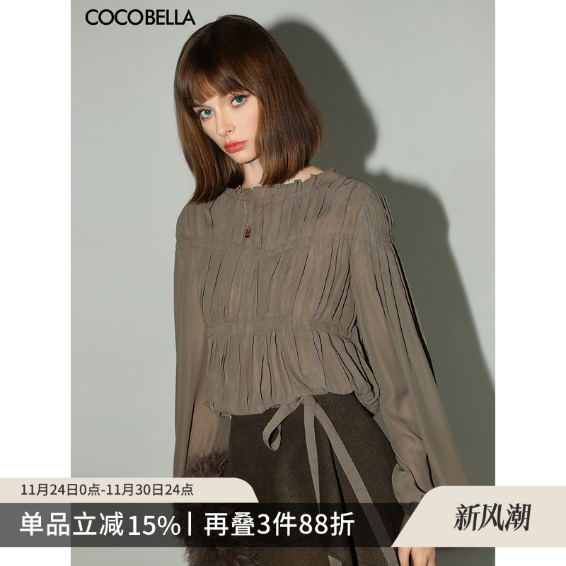 COCOBELLA名媛风手工压褶木耳边雪纺衬衫气质通勤飘带衬衣SR7062
