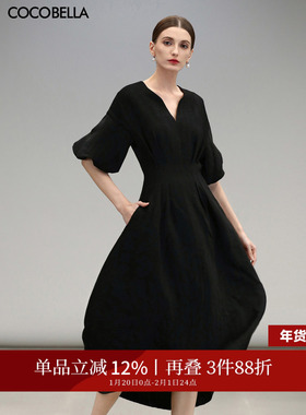 COCOBELLA简约气质黑色收腰极简风连衣裙女优雅短袖长裙FR3033-2