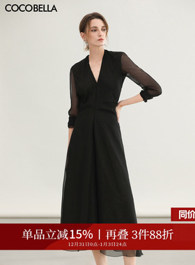 COCOBELLA赫本风假两件收腰黑金色连衣裙女内搭V领衬衫裙FR7085