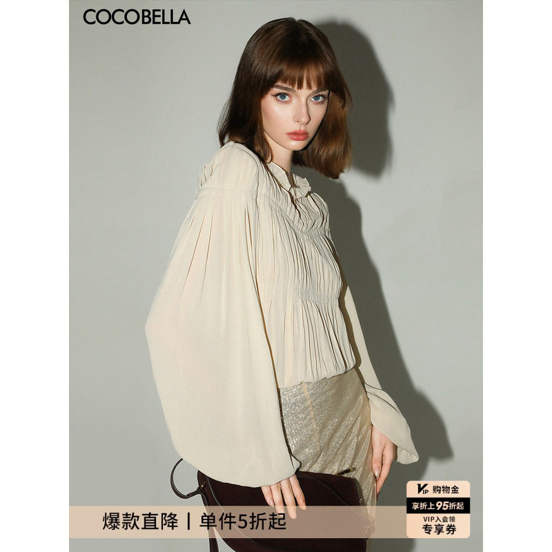 COCOBELLA气质名媛风手工压褶木耳边衬衫女26春飘带衬衣SR7062-2