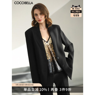 预售COCOBELLA设计感毛边黑色西装 女春休闲裸领通勤外套SI0077