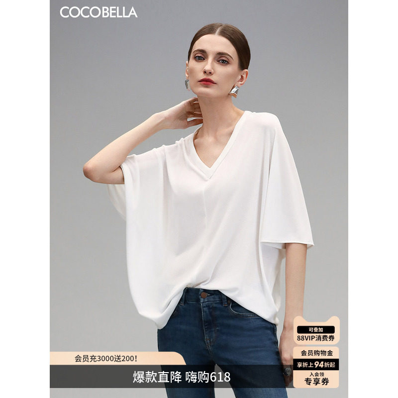 COCOBELLA简约微透视白色V领短袖T恤宽松蝙蝠袖针织衫TS7081
