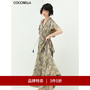 【3件5折】COCOBELLA缎面花卉印花连衣裙荷叶边茶歇裙长裙FR562