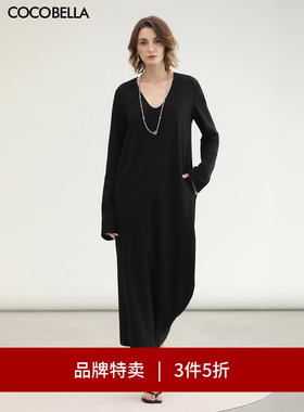 【3件5折】COCOBELLA不对称裙摆V领连衣裙女雅赛尔混纺长裙FR3241