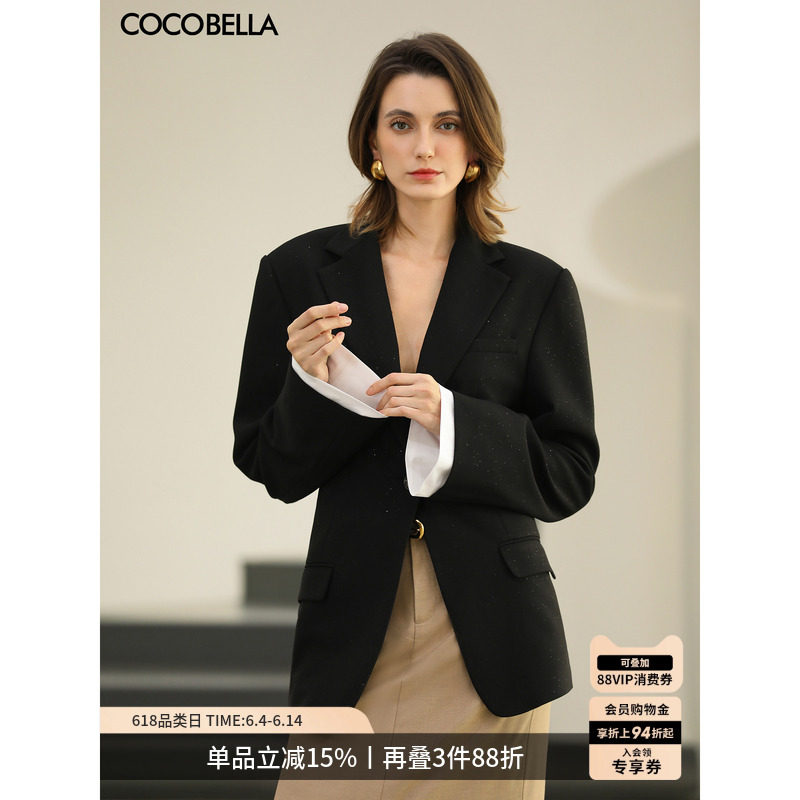 COCOBELLA时尚黑色气质西装女26春可拆卸袖口通勤外套SI0075