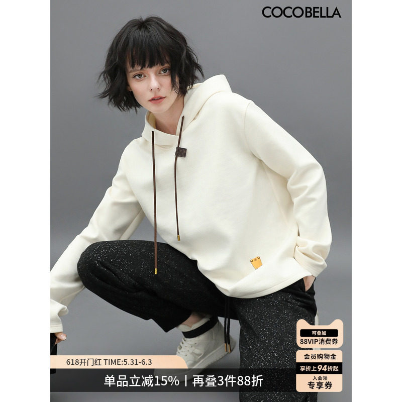 COCOBELLA温暖蓄热连帽套头卫衣女春自发热休闲白色帽衫SE531