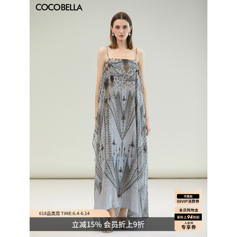 预售COCOBELLA度假风图腾印花双层雪纺吊带连衣裙飘逸长裙FR0110