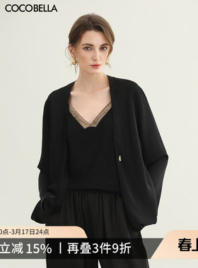 COCOBELLA仿醋酸缎面黑色外套女早春松弛感简约休闲西装SC3016-2