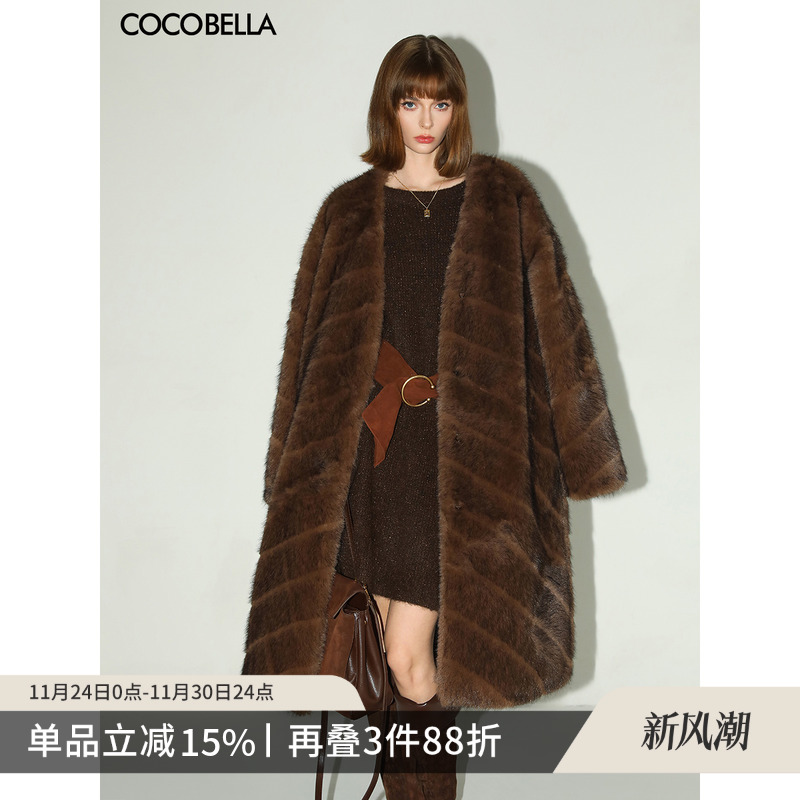 COCOBELLA中古风仿貂绒横排工艺环保皮草外套长款毛绒大衣FU3006