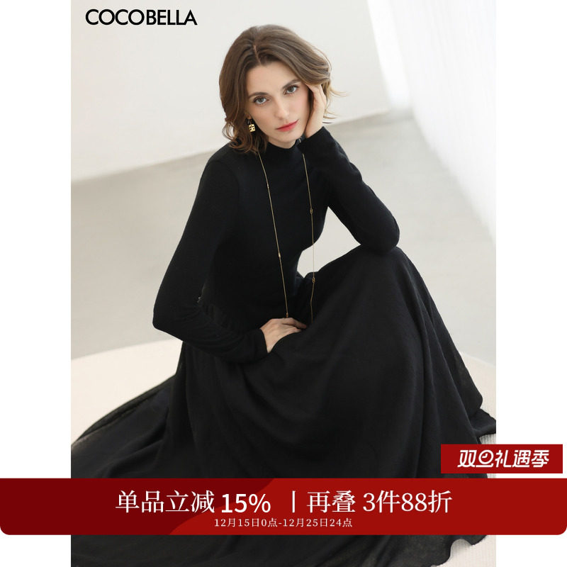 COCOBELLA赫本风针织拼接连衣裙小黑裙女秋优雅大摆长裙FR0008-2