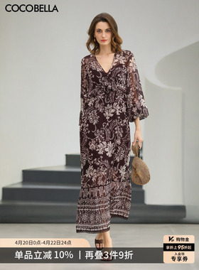 COCOBELLA度假风印花雪纺连衣裙女26春V领浪漫大摆长裙FR3210