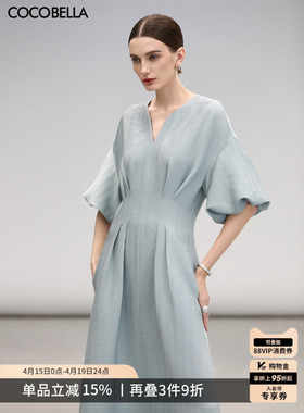 COCOBELLA赫本风薄荷绿捏褶泡泡袖连衣裙女优雅法式茶歇裙FR3033B