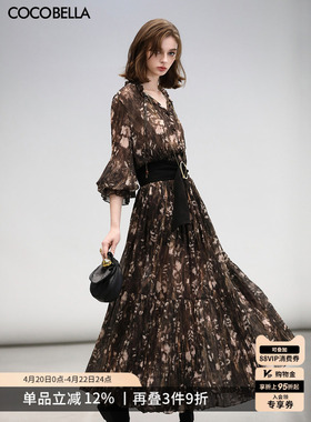 COCOBELLA复古金丝压褶印花连衣裙女度假风雪纺长裙FR3075-2