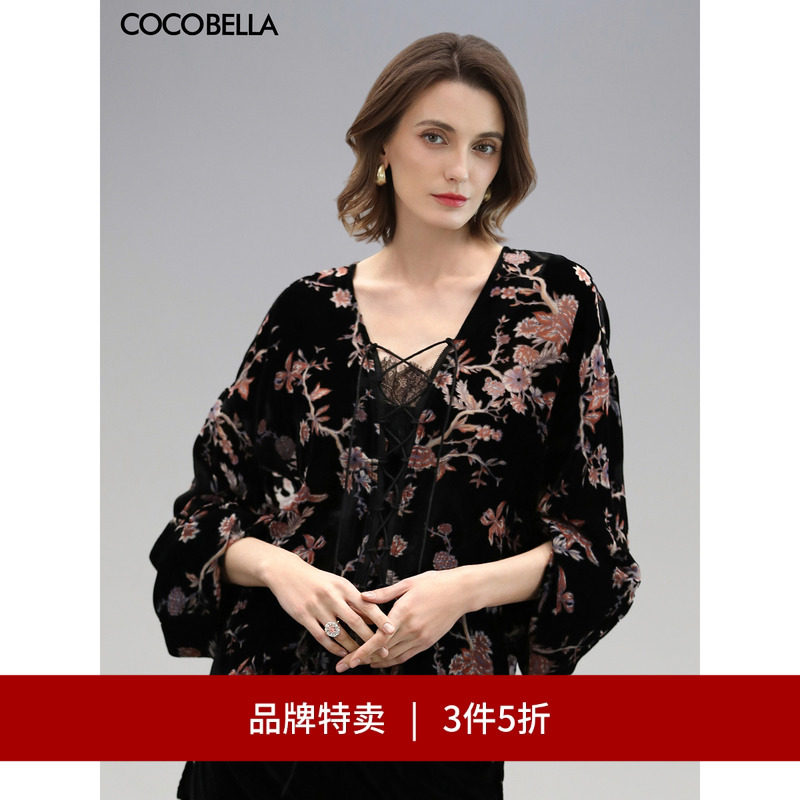 【3件5折】COCOBELLA新中式烧花丝绒上衣女蕾丝拼接衬衣SR7050-2
