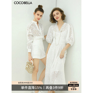 COCOBELLA气质优雅V领蕾丝连衣裙赫本风镂空刺绣通勤OL长裙FR513