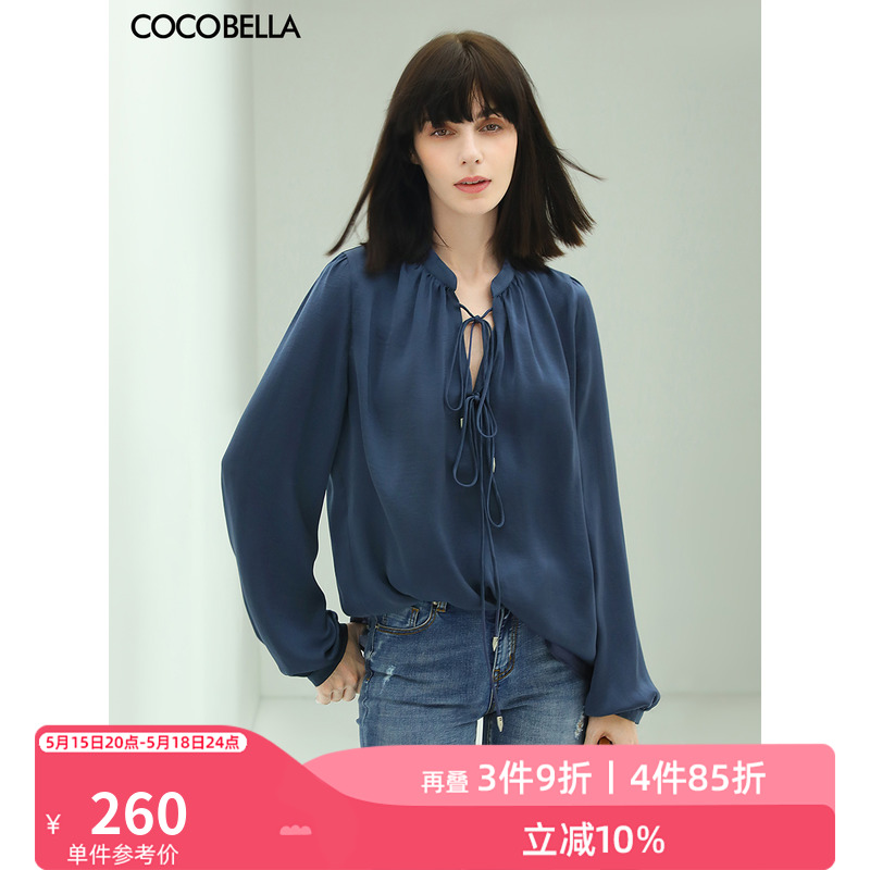 COCOBELLA缎面V领系带衬衫女春光泽质感OL通勤长袖衬衣SR905 女装/女士精品 衬衫 原图主图