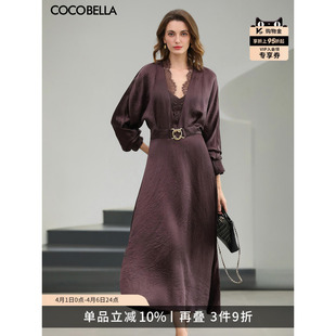 轻奢V领长袖 连衣裙女26春收腰长裙FR0095 100%醋酸 预售COCOBELLA