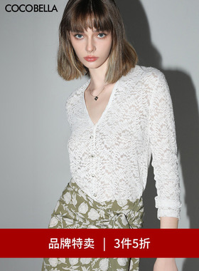 【3件5折】COCOBELLA微透视镂空蕾丝衬深V领长袖打底针织衫NLC55