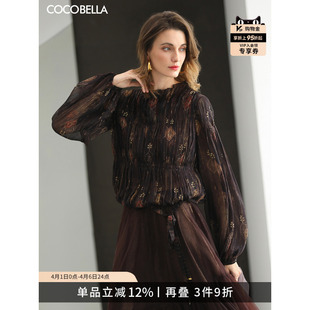 女26春衬衣TP3142 预售COCOBELLA手工压褶木耳边金葱提花雪纺衬衫